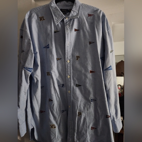NWOT Polo Ralph Lauren Logo Varsity Flag Embroidered All Over Oxford Shirt Blue